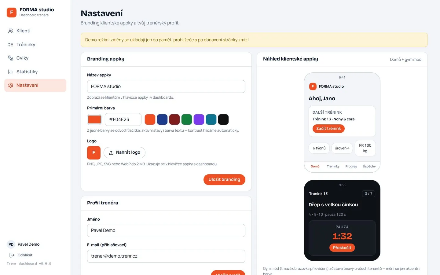 Nastavení brandingu s živým náhledem klientské appky